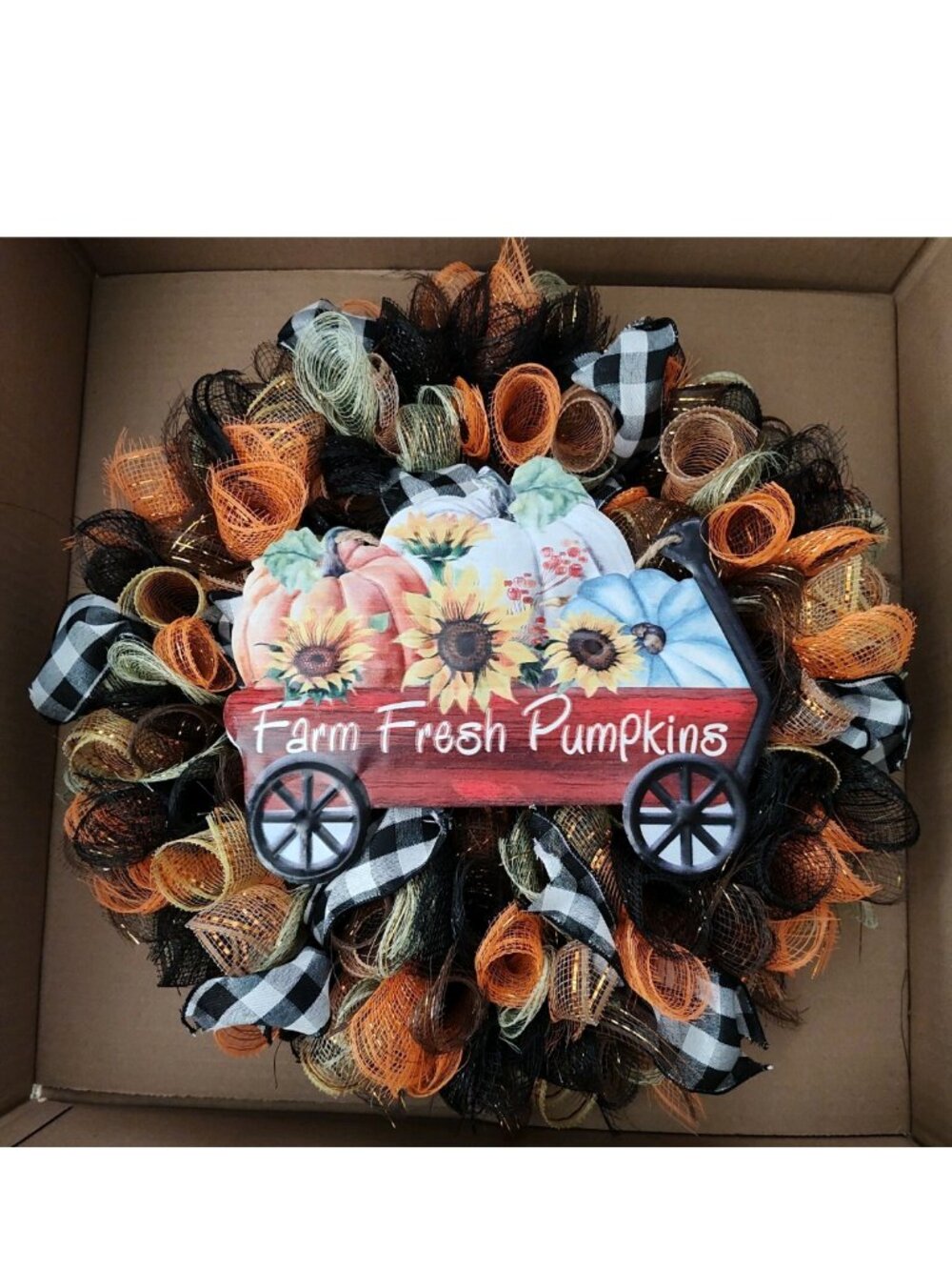 Handmade Seasonal Deco Mesh/Ribbon Wreath Fall Autumn Farm Fresh Pumpkins
